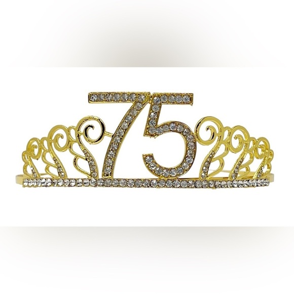 75th Birthday Gold Tone With Rhinestones Tiara - Picture 1 of 6